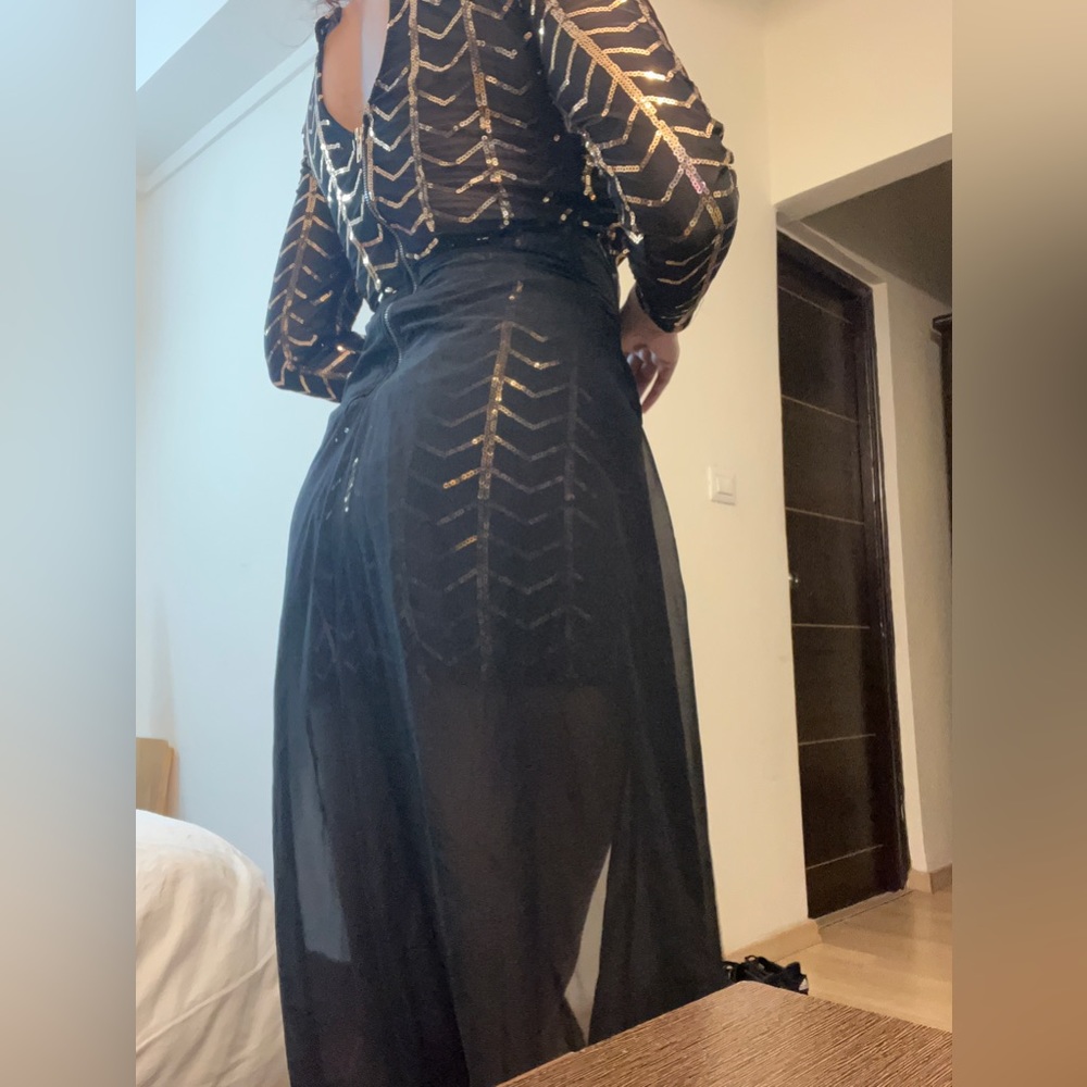 Golden Beaded Black Full sleeves Gown - Picture 3 of 8